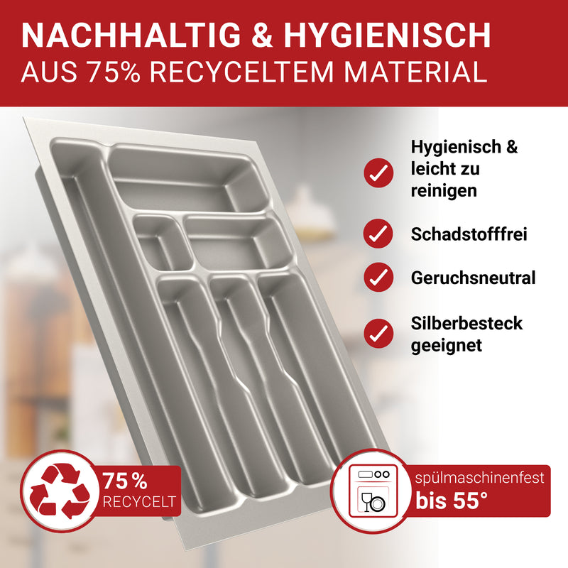 LouMaxx Besteckeinsatz für 45cm breite Schubladen - Besteckkasten 50x45 Made in Germany, silbergrau mit 7 Fächern und stabilen Ecken - bruchfest & langlebig
