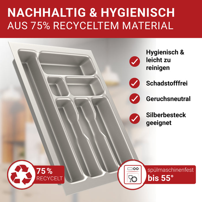 LouMaxx Besteckeinsatz für 45cm breite Schubladen - Besteckkasten 50x45 Made in Germany, silbergrau mit 7 Fächern und stabilen Ecken - bruchfest & langlebig