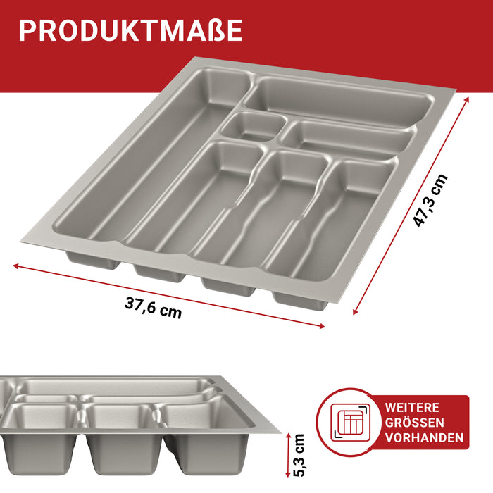 LouMaxx Besteckeinsatz für 45cm breite Schubladen - Besteckkasten 50x45 Made in Germany, silbergrau mit 7 Fächern und stabilen Ecken - bruchfest & langlebig