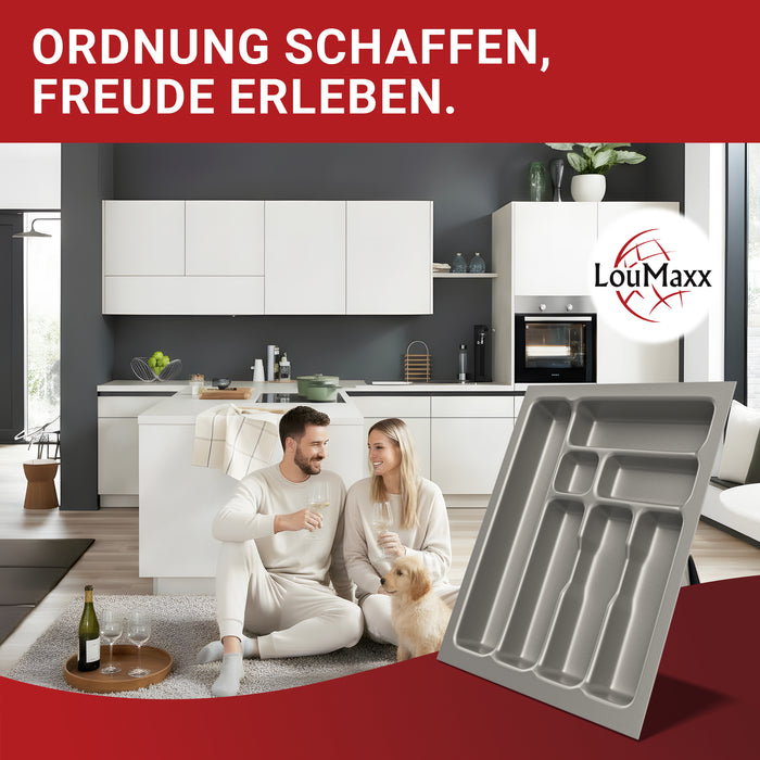 LouMaxx Besteckeinsatz für 45cm breite Schubladen - Besteckkasten 50x45 Made in Germany, silbergrau mit 7 Fächern und stabilen Ecken - bruchfest & langlebig
