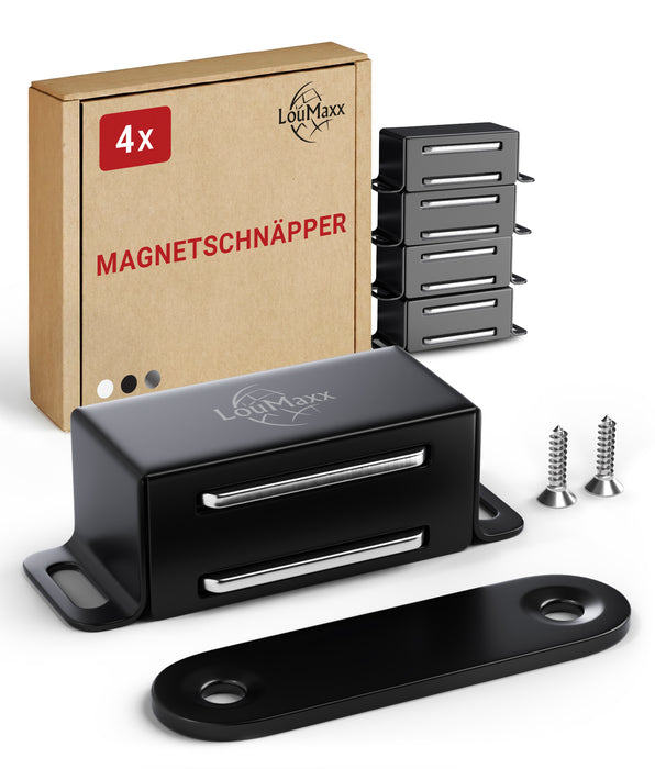 LouMaxx Magnetschnäpper stark - Haltekraft 4kg - 4er Set in Schwarz matt – Türmagnet -Schrankmagnet – Möbelmagnete – Tuer Magnetverschluss Edelstahl– Magnethalter Schranktür für sicheren Halt
