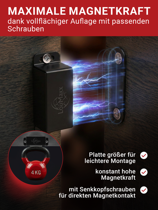 LouMaxx Magnetschnäpper stark - Haltekraft 4kg - 4er Set in Schwarz matt – Türmagnet -Schrankmagnet – Möbelmagnete – Tuer Magnetverschluss Edelstahl– Magnethalter Schranktür für sicheren Halt