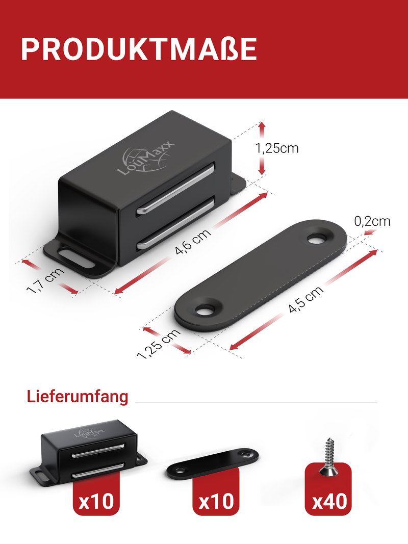 LouMaxx Magnetschnäpper stark - Haltekraft 4kg - 4er Set in Schwarz matt – Türmagnet -Schrankmagnet – Möbelmagnete – Tuer Magnetverschluss Edelstahl– Magnethalter Schranktür für sicheren Halt