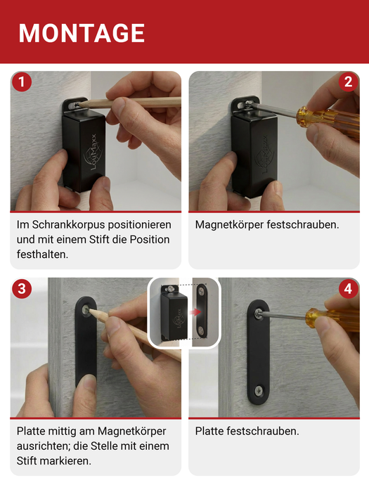 LouMaxx Magnetschnäpper stark - Haltekraft 4kg - 4er Set in Schwarz matt – Türmagnet -Schrankmagnet – Möbelmagnete – Tuer Magnetverschluss Edelstahl– Magnethalter Schranktür für sicheren Halt
