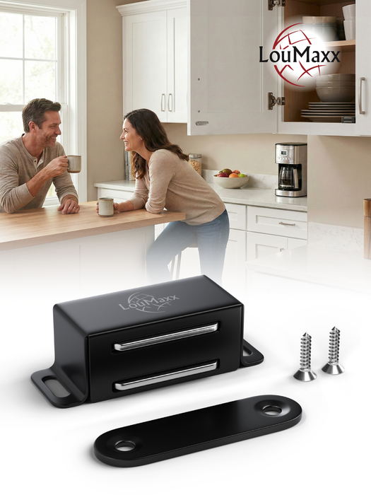 LouMaxx Magnetschnäpper stark - Haltekraft 4kg - 4er Set in Schwarz matt – Türmagnet -Schrankmagnet – Möbelmagnete – Tuer Magnetverschluss Edelstahl– Magnethalter Schranktür für sicheren Halt