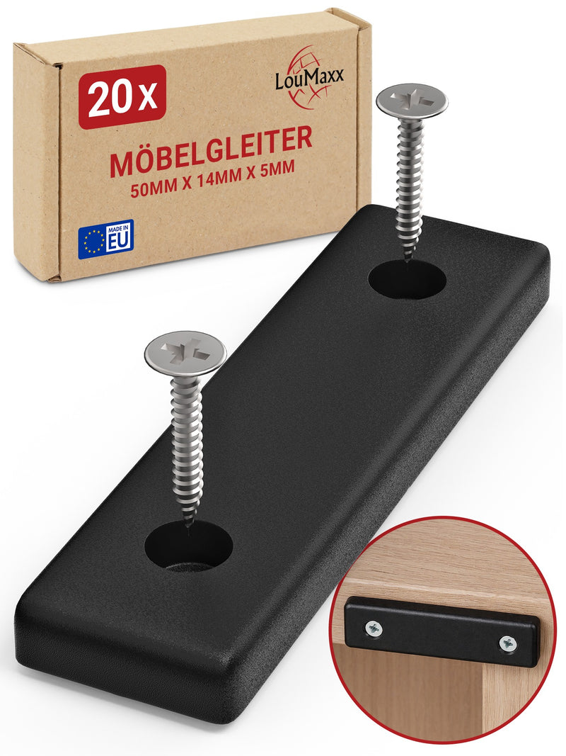 LouMaxx Möbelgleiter Kunststoff – Bodenabstandshalter 50 x 14 x 5 mm – Kunststoffgleiter zum Anschrauben im praktischen Mehrfachpack – 20er Set Mini Möbelfüße schwarz inkl. Schrauben