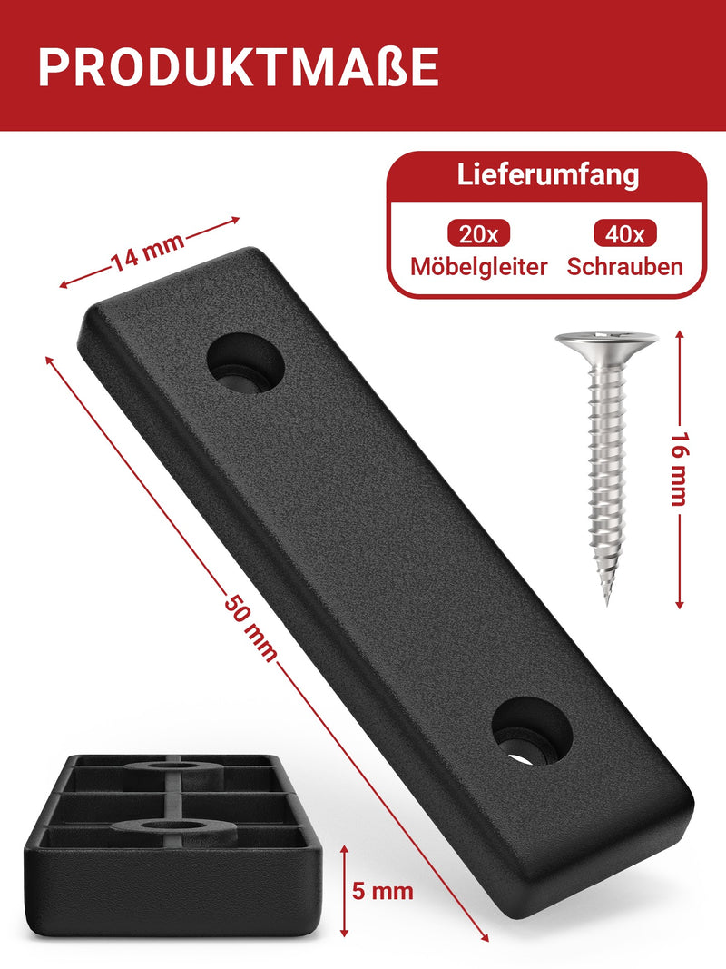 LouMaxx Möbelgleiter Kunststoff – Bodenabstandshalter 50 x 14 x 5 mm – Kunststoffgleiter zum Anschrauben im praktischen Mehrfachpack – 20er Set Mini Möbelfüße schwarz inkl. Schrauben