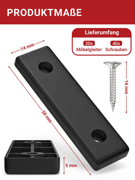 LouMaxx Möbelgleiter Kunststoff – Bodenabstandshalter 50 x 14 x 5 mm – Kunststoffgleiter zum Anschrauben im praktischen Mehrfachpack – 20er Set Mini Möbelfüße schwarz inkl. Schrauben