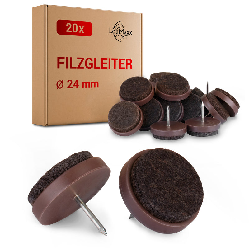 LouMaxx Stuhl Filzgleiter mit Nagel rund, Ø 24mm dunkelbraun - Stuhlgleiter mit 3mm dickem Filz - Filzgleiter für Stühle - Premium Stuhlbeinschoner Filz auch für Möbel 20 Stück