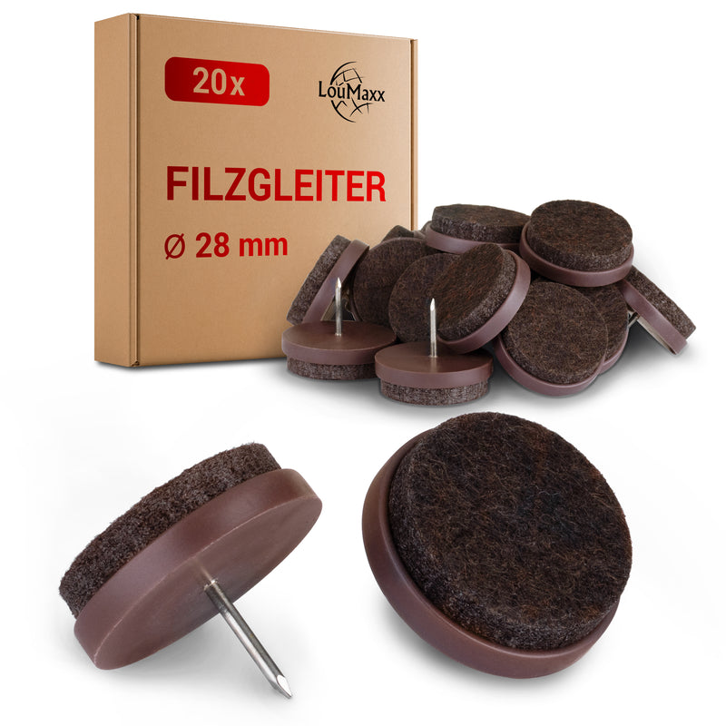 LouMaxx Stuhl Filzgleiter mit Nagel rund, Ø 28 mm dunkelbraun - Stuhlgleiter mit 3mm dickem Filz - Filzgleiter für Stühle - Premium Stuhlbeinschoner Filz auch für Möbel 20 Stück