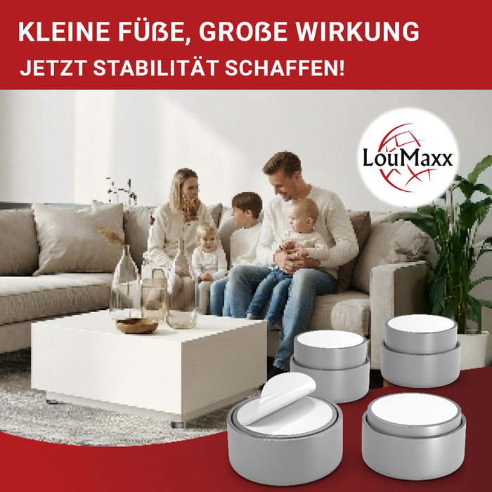 LouMaxx Möbelfüße höhenverstellbar– Füße für Möbel Ø 53,5 mm aus Kunststoff – Hochwertige Möbelerhöhung zum Kleben oder Schrauben – 4er Set Gleitfüße in Silber inkl. Montagematerial