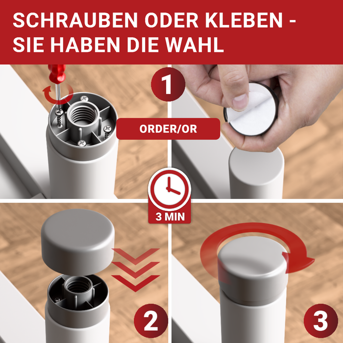 LouMaxx Möbelfüße höhenverstellbar– Füße für Möbel Ø 53,5 mm aus Kunststoff – Hochwertige Möbelerhöhung zum Kleben oder Schrauben – 4er Set Gleitfüße in Silber inkl. Montagematerial