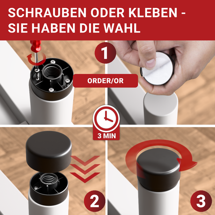 LouMaxx Möbelfüße höhenverstellbar– Füße für Möbel Ø 53,5 mm aus Kunststoff – Hochwertige Möbelerhöhung zum Kleben oder Schrauben – 4er Set Gleitfüße in Schwarz inkl. Montagematerial