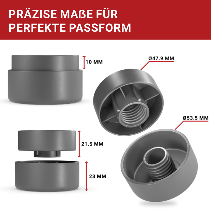 LouMaxx Möbelfüße höhenverstellbar– Füße für Möbel Ø 53,5 mm aus Kunststoff – Hochwertige Möbelerhöhung zum Kleben oder Schrauben – 4er Set Gleitfüße in Silber inkl. Montagematerial
