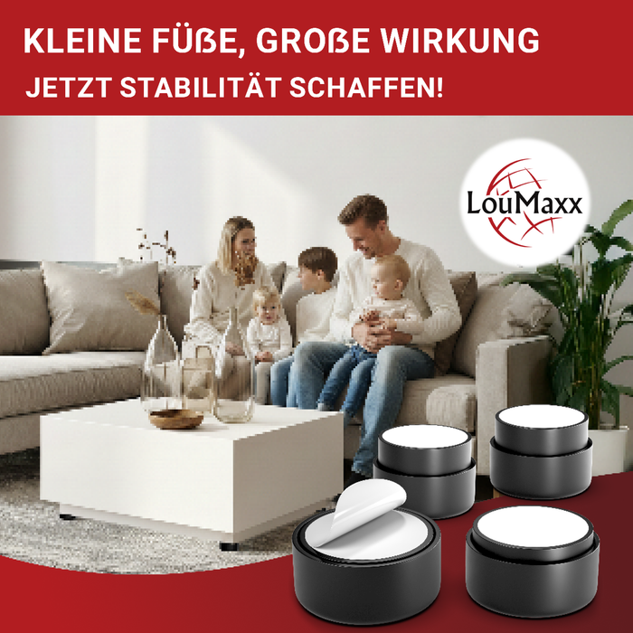 LouMaxx Möbelfüße höhenverstellbar– Füße für Möbel Ø 53,5 mm aus Kunststoff – Hochwertige Möbelerhöhung zum Kleben oder Schrauben – 4er Set Gleitfüße in Schwarz inkl. Montagematerial