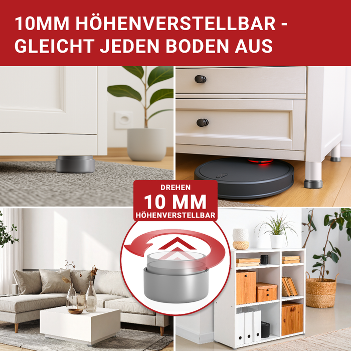 LouMaxx Möbelfüße höhenverstellbar– Füße für Möbel Ø 53,5 mm aus Kunststoff – Hochwertige Möbelerhöhung zum Kleben oder Schrauben – 4er Set Gleitfüße in Silber inkl. Montagematerial