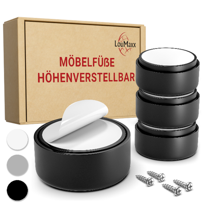 LouMaxx Möbelfüße höhenverstellbar– Füße für Möbel Ø 53,5 mm aus Kunststoff – Hochwertige Möbelerhöhung zum Kleben oder Schrauben – 4er Set Gleitfüße in Schwarz inkl. Montagematerial