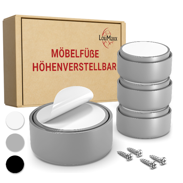 LouMaxx Möbelfüße höhenverstellbar– Füße für Möbel Ø 53,5 mm aus Kunststoff – Hochwertige Möbelerhöhung zum Kleben oder Schrauben – 4er Set Gleitfüße in Silber inkl. Montagematerial