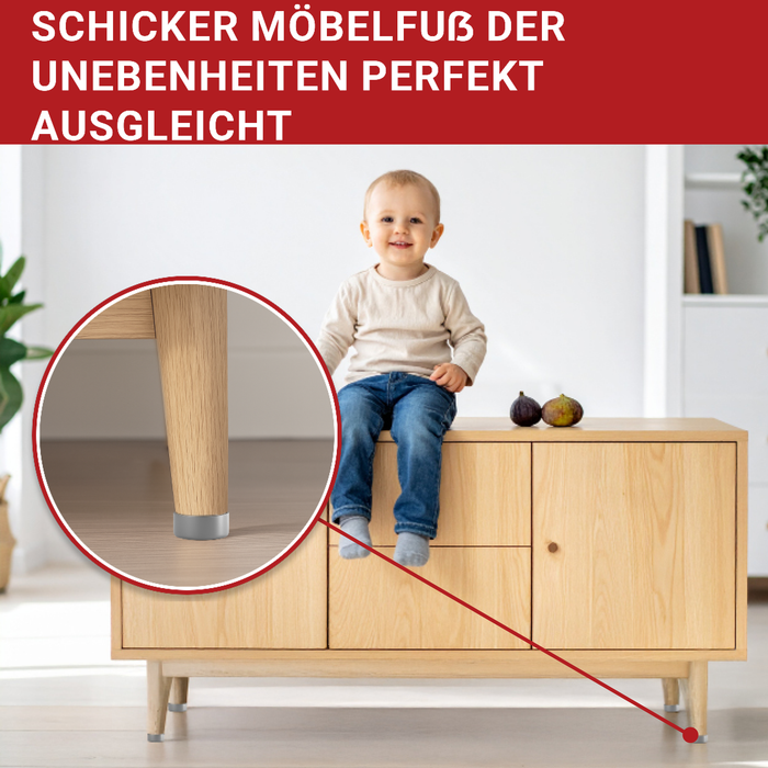 LouMaxx Möbelfüße höhenverstellbar– Füße für Möbel Ø 53,5 mm aus Kunststoff – Hochwertige Möbelerhöhung zum Kleben oder Schrauben – 4er Set Gleitfüße in Silber inkl. Montagematerial