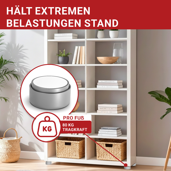 LouMaxx Möbelfüße höhenverstellbar– Füße für Möbel Ø 53,5 mm aus Kunststoff – Hochwertige Möbelerhöhung zum Kleben oder Schrauben – 4er Set Gleitfüße in Silber inkl. Montagematerial