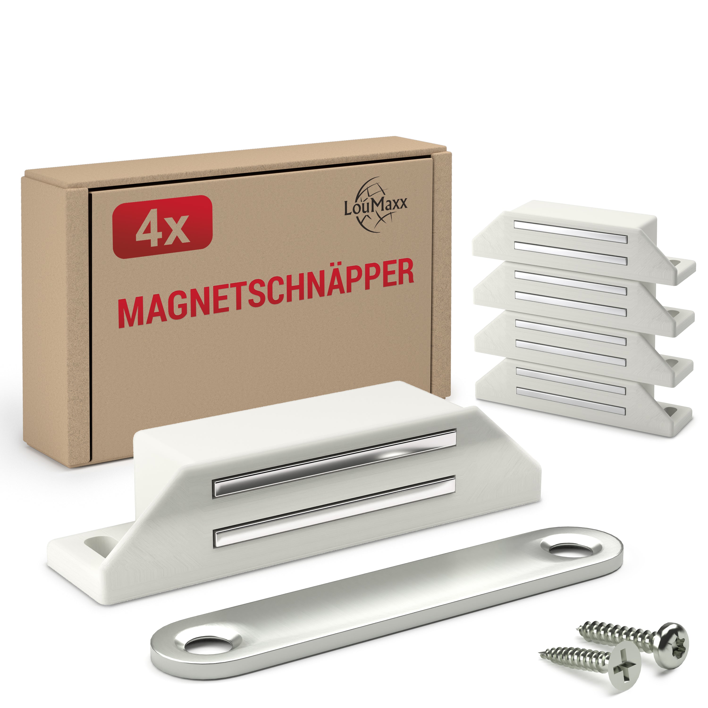 LouMaxx Magnetschnäpper sehr stark - Haltekraft 8kg - 4er Set in weiß – Türmagnet - Magnetverschluss - Tür Magnet - Magnetverschluss Schrank