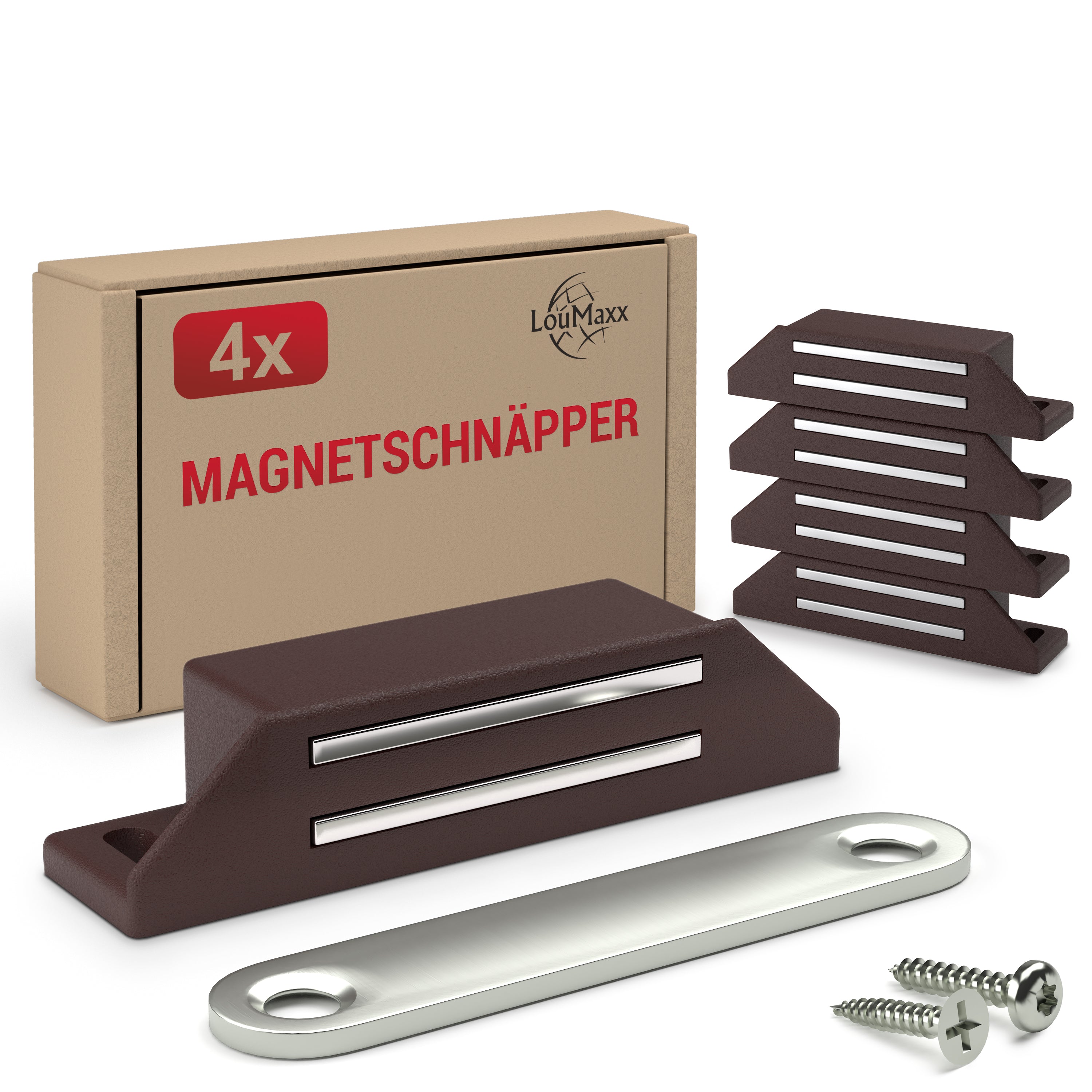LouMaxx Magnetschnäpper sehr stark - Haltekraft 8kg - 4er Set in braun – Türmagnet - Magnetverschluss - Tür Magnet - Magnetverschluss Schrank