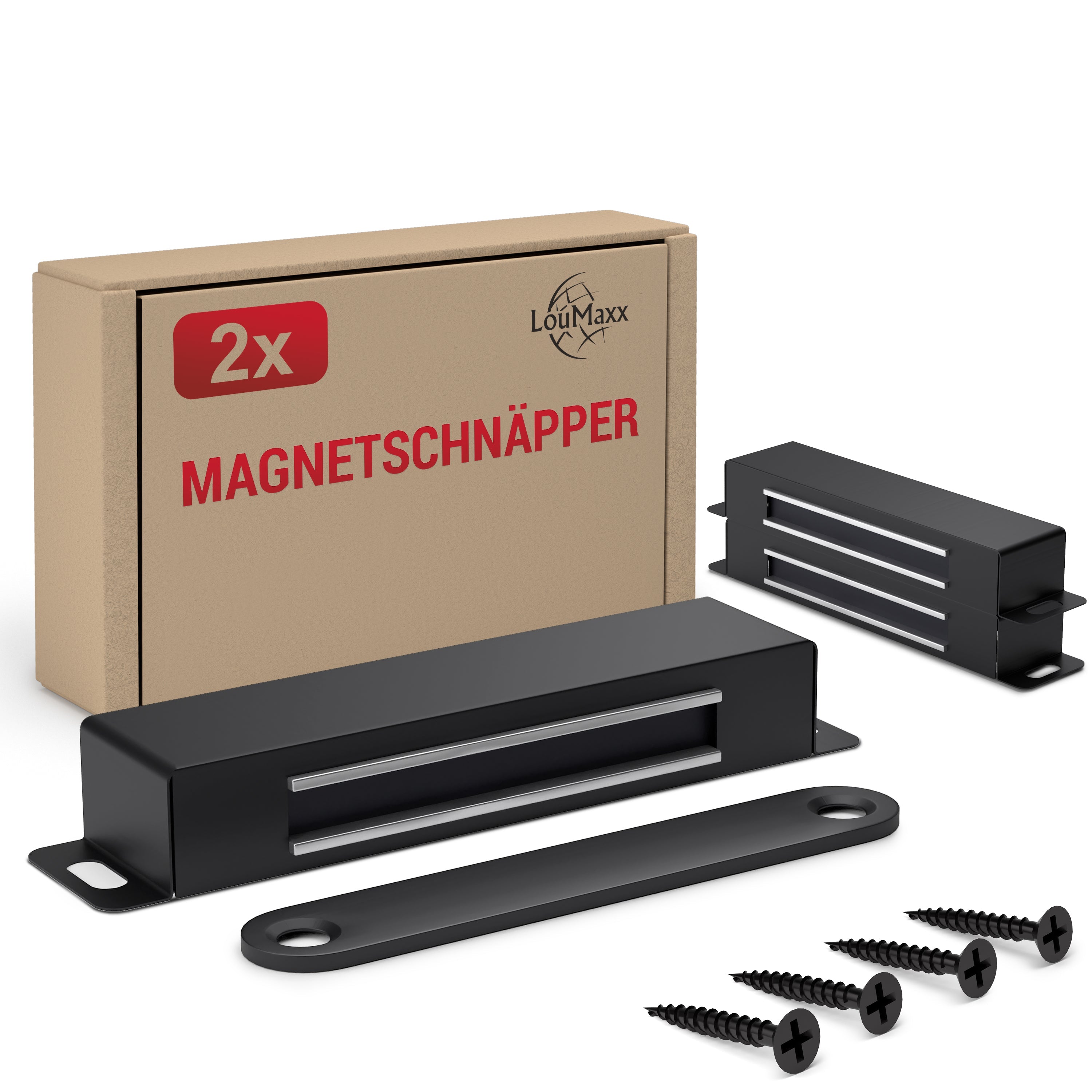 LouMaxx Magnetschnäpper - Haltekraft 25kg - 2er Set in Schwarz Edelstahl – Türmagnet - Schrankmagnet – Möbelmagnete – Tuer Magnetverschluss Edelstahl