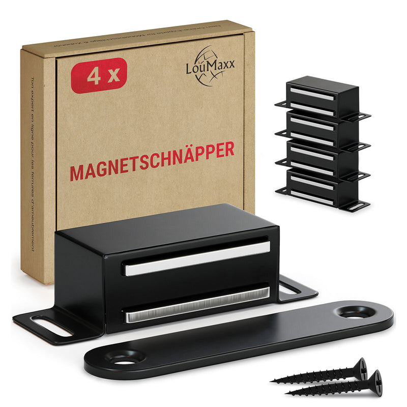 LouMaxx Magnetschnäpper stark - Haltekraft 4kg - 4er Set in Schwarz matt – Türmagnet -Schrankmagnet – Möbelmagnete – Tuer Magnetverschluss Edelstahl– Magnethalter Schranktür für sicheren Halt