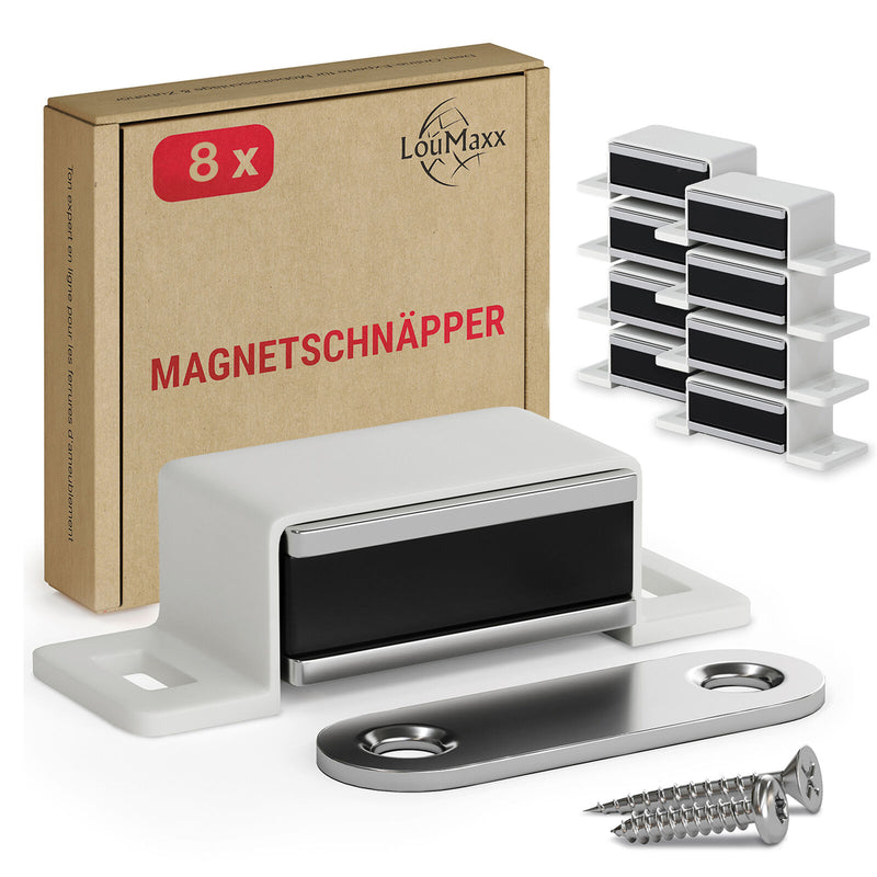 LouMaxx Magnetschnäpper stark - Haltekraft 4kg - 8er Set in weiß – Türmagnet - Magnetverschluss - Tür Magnet - Magnetverschluss Schrank - Magnet Türschließer - Magnet Schranktür