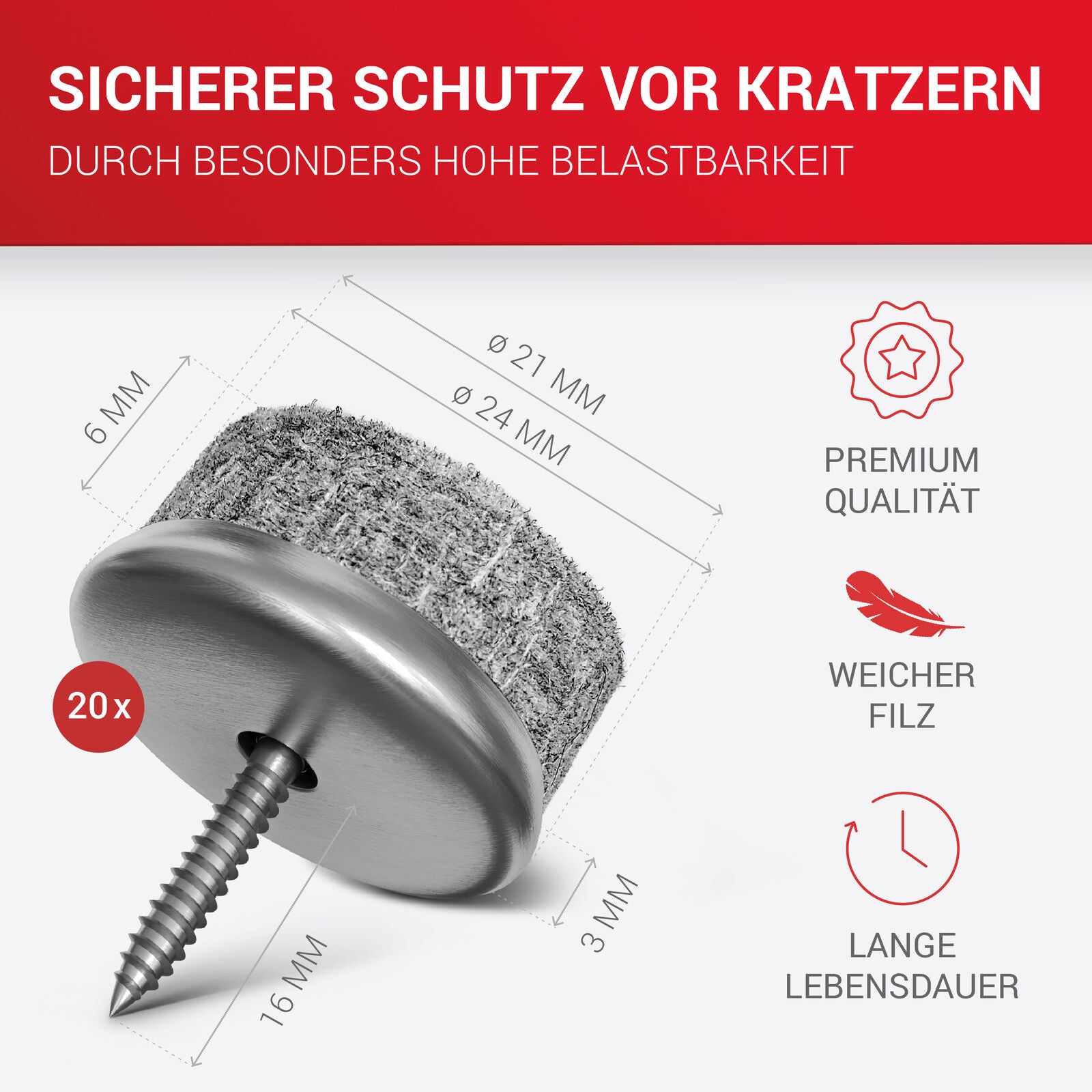 LouMaxx Stuhl Filzgleiter Schrauben – 20er Set (rund, Ø 24mm) grau – Stuhlgleiter mit 6 mm dickem Filz – stabile Metalleinfassung – Premium Schutz