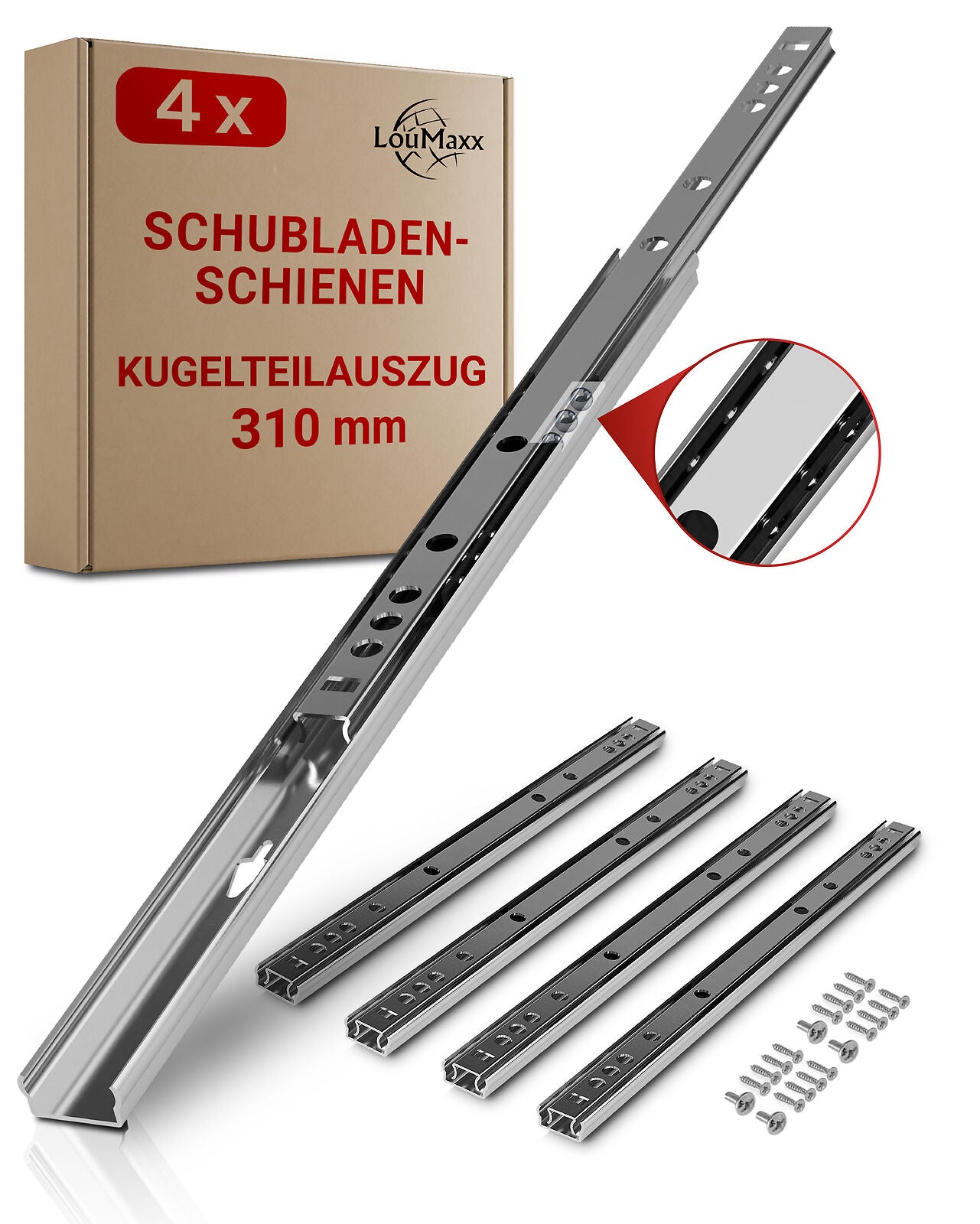 LouMaxx Kugelauszug 4er Set (2 Paar) Schubladenschienen 310 mm 17 mm Nut Schubladenauszug