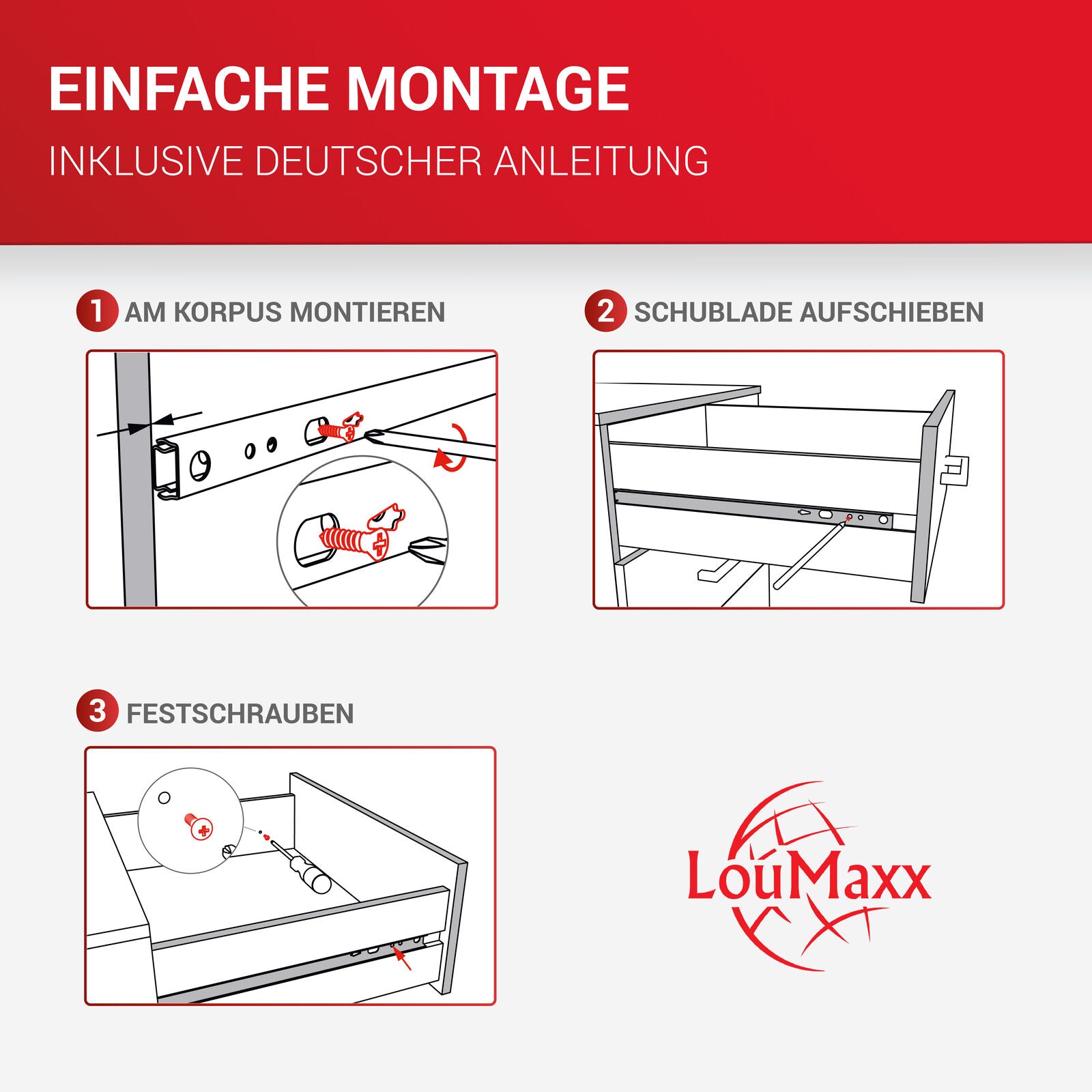 LouMaxx Kugelauszug 4er Set (2 Paar) Schubladenschienen 240 mm 17 mm Nut Schubladenauszug