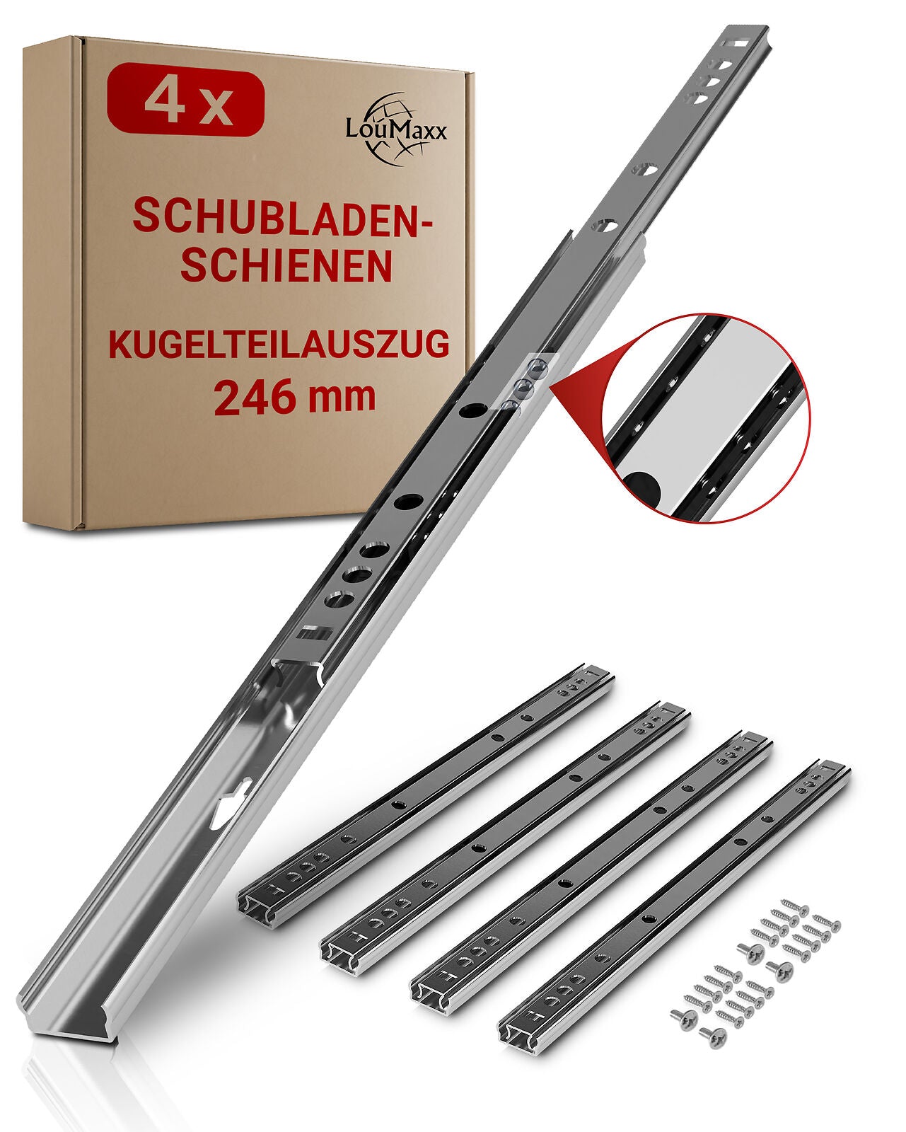 LouMaxx Kugelauszug 4er Set (2 Paar) Schubladenschienen 240 mm 17 mm Nut Schubladenauszug