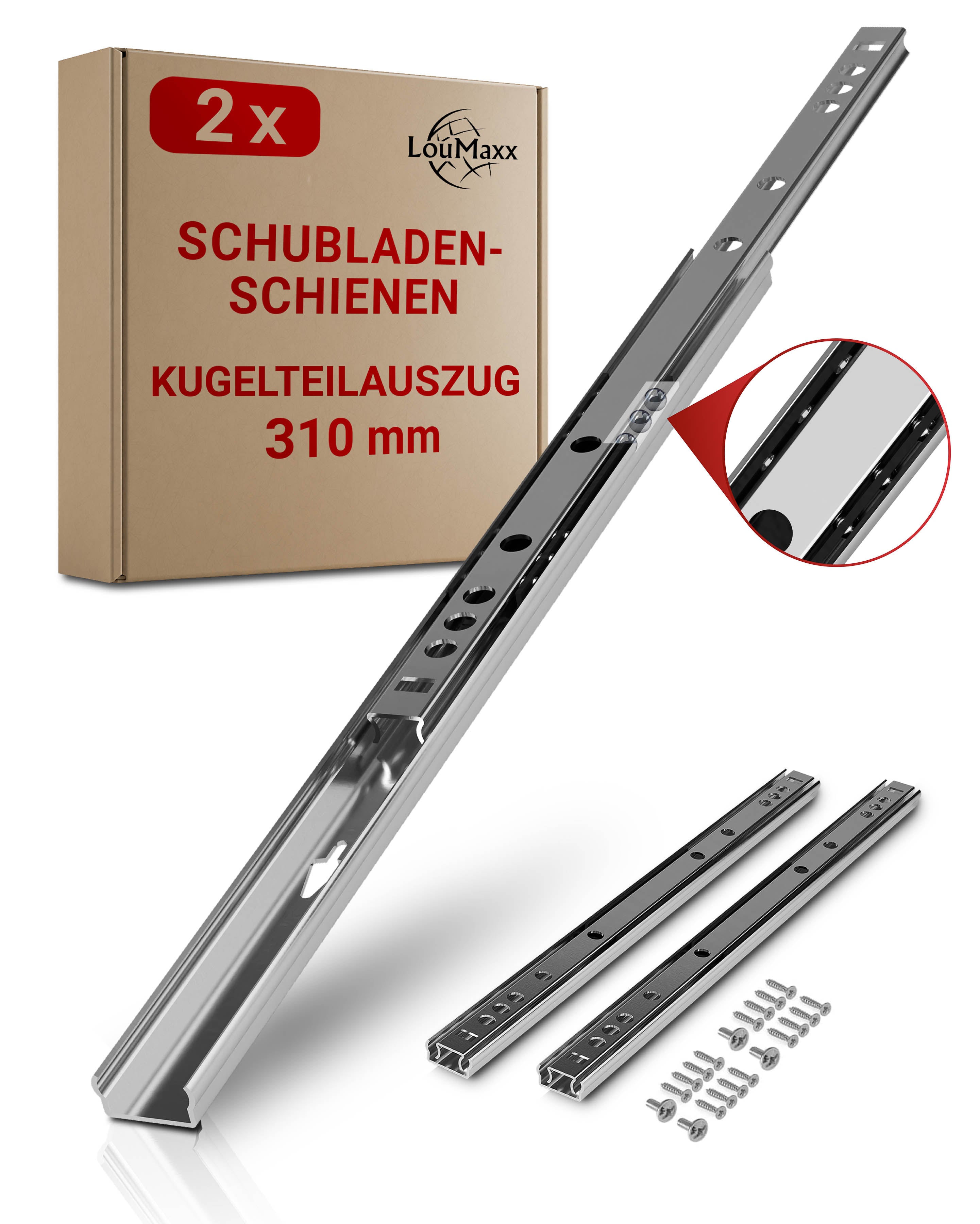 LouMaxx Kugelauszug 2er Set (1 Paar) Schubladenschienen 310 mm 17 mm Nut Schubladenauszug - Schienen für Schubladen - Schubladen Schienensystem