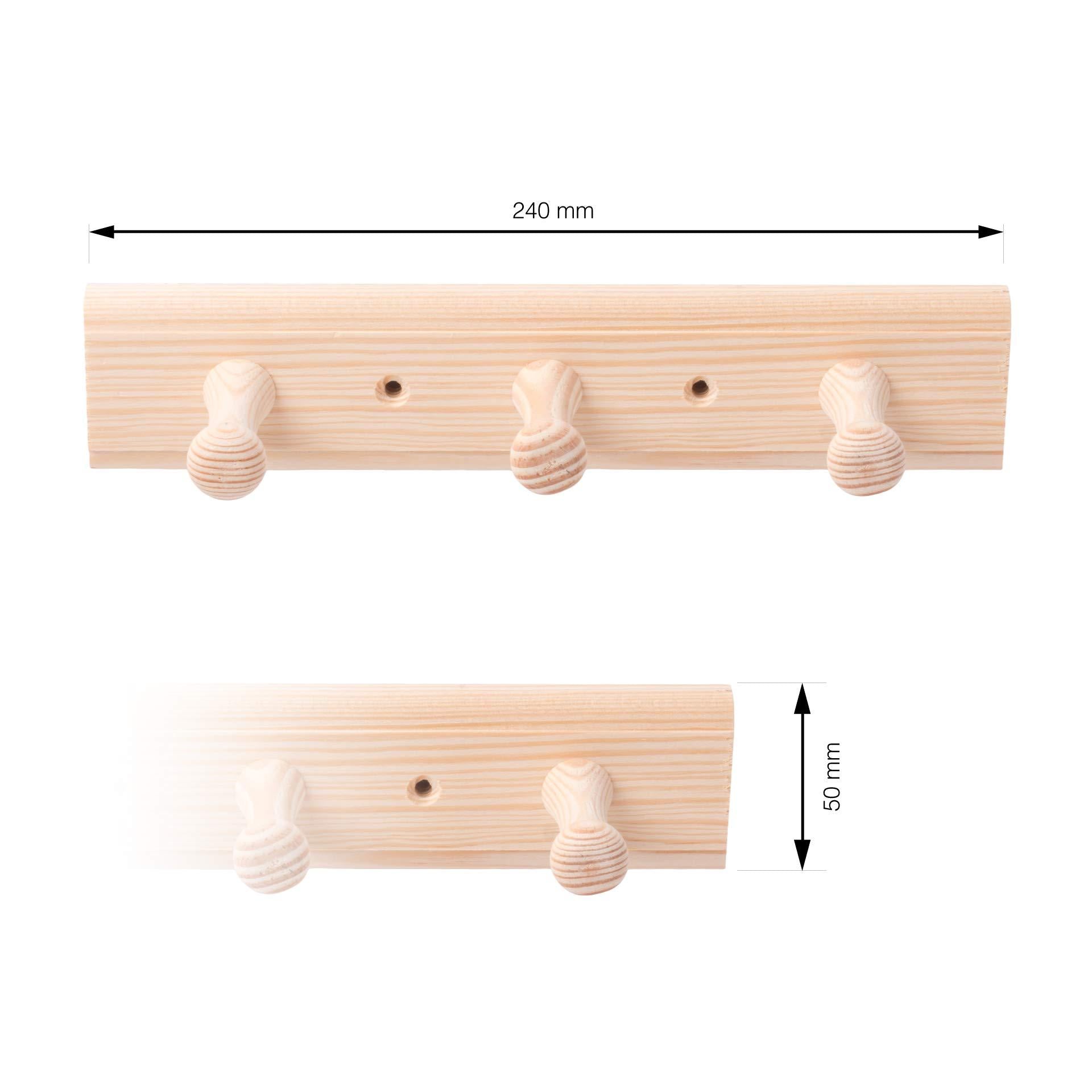 LouMaxx Hakenleiste Holz aus Kiefer mit 3 Holzhaken – Wandgarderobe Holz - Garderobe Kinder - Garderobe Holz - Kleiderhaken Holz zur Wandbefestigung