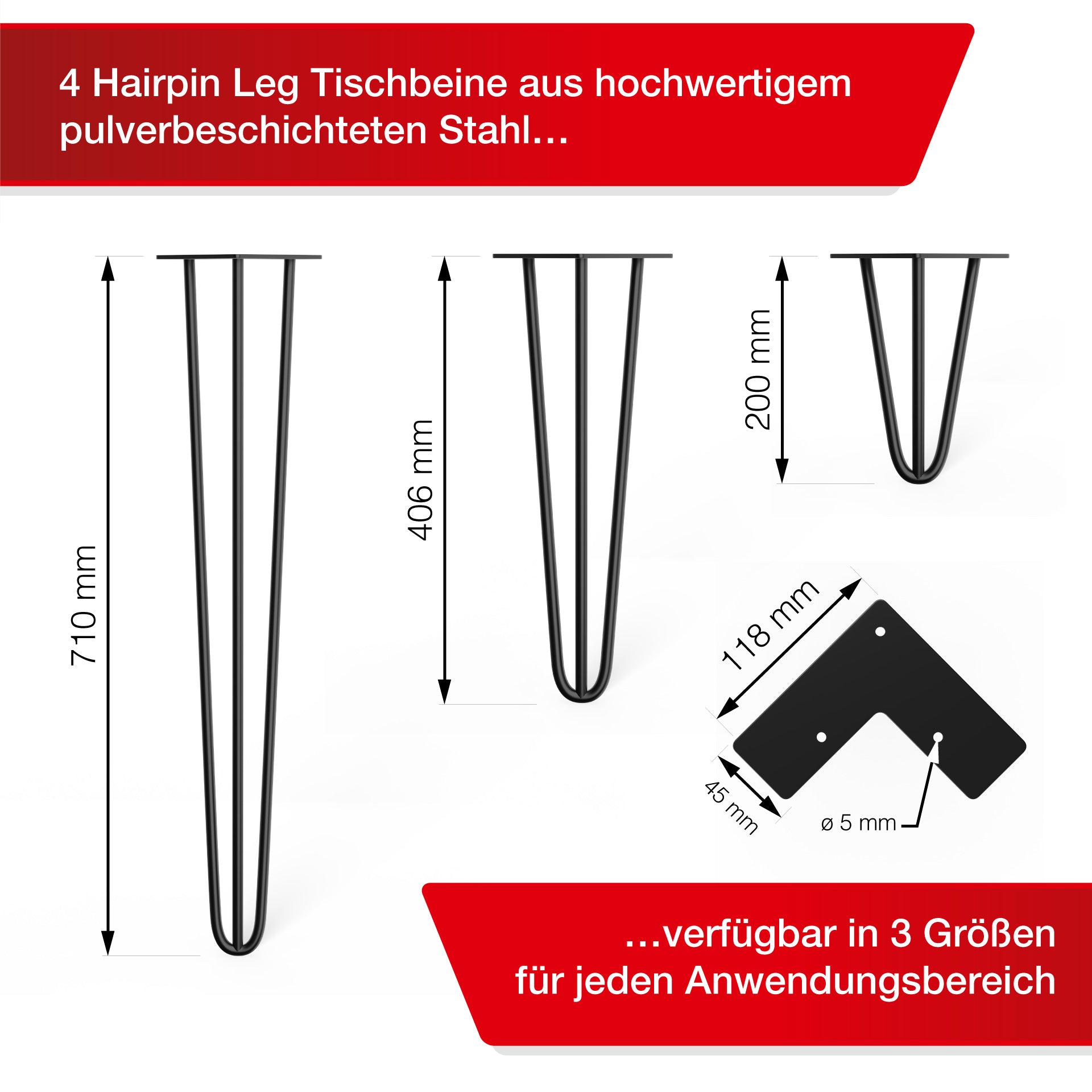 LouMaxx Tischbeine Metall Schwarz – 4 Stück – 200mm Höhe - 10mm Rundstahl, Hochwertiges 3-Stangen Tischbein für jeden Einsatzzweck inkl. Schrauben und Bodenschoner