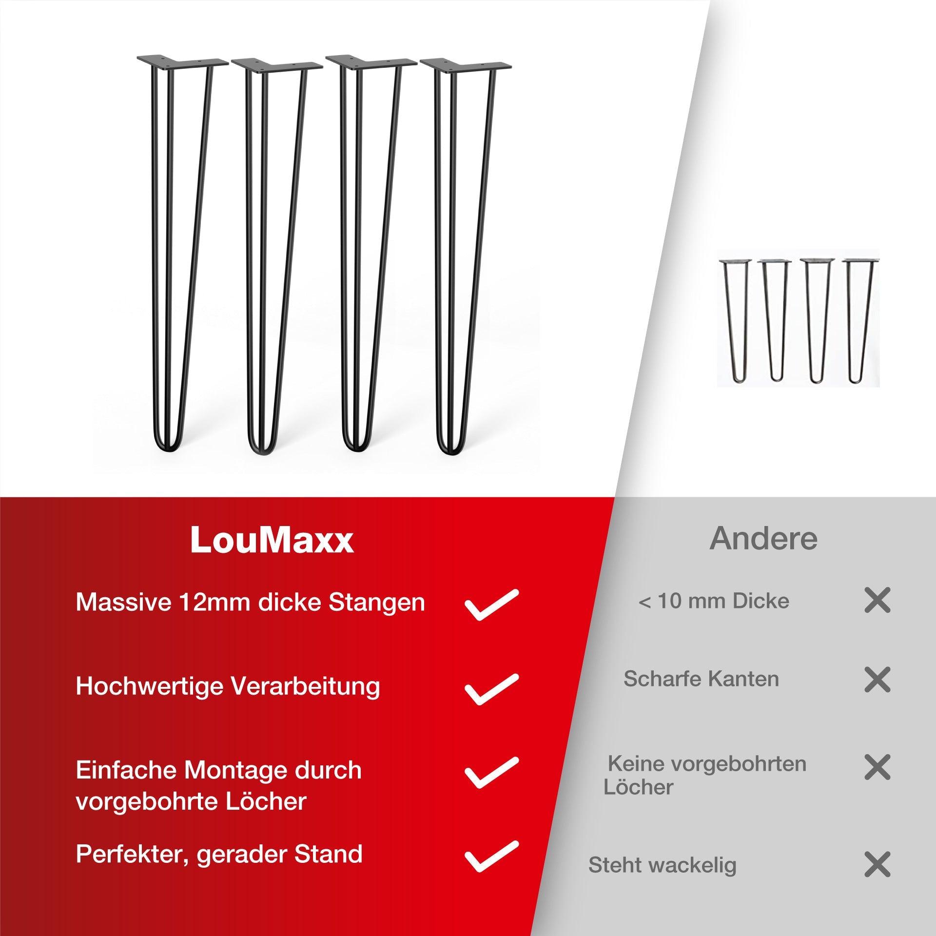 LouMaxx Tischbeine Metall Schwarz – 4 Stück – 200mm Höhe - 10mm Rundstahl, Hochwertiges 3-Stangen Tischbein für jeden Einsatzzweck inkl. Schrauben und Bodenschoner