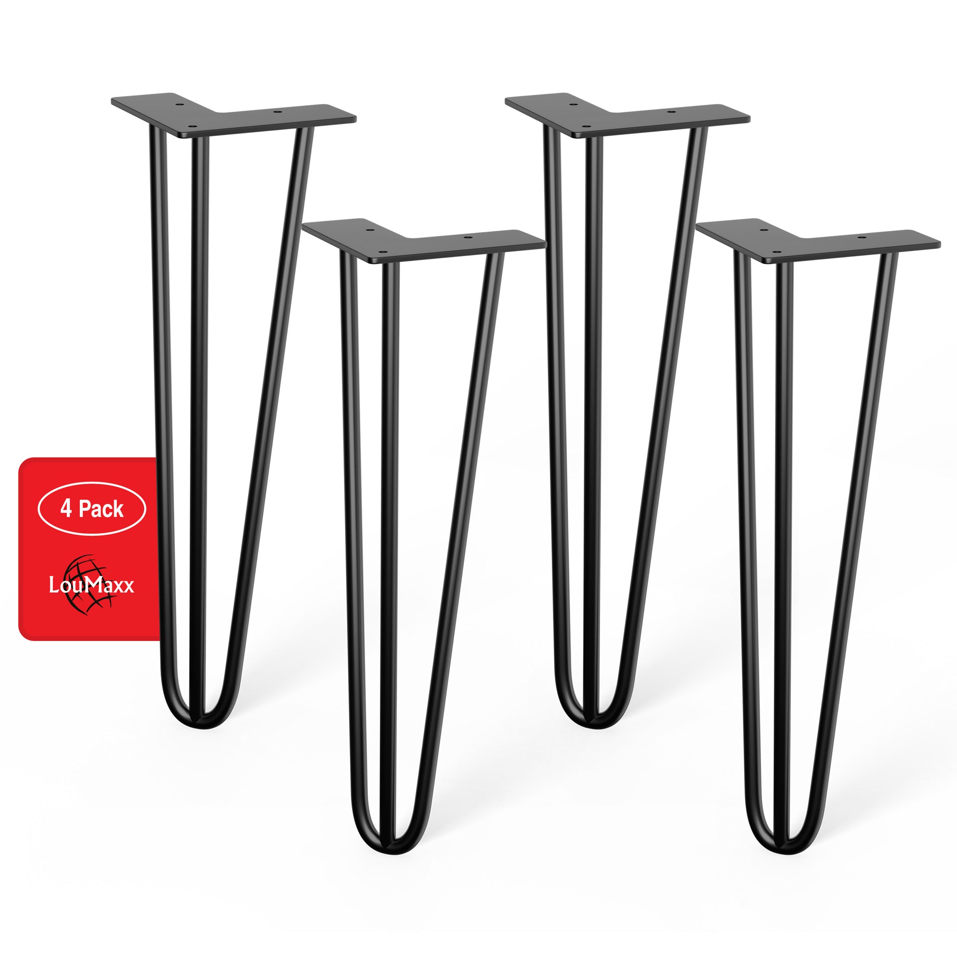 LouMaxx Tischbeine Metall Schwarz – 4 Stück – 406mm Höhe - 10mm Rundstahl, Hochwertiges 3-Stangen Tischbein für jeden Einsatzzweck inkl. Schrauben und Bodenschoner