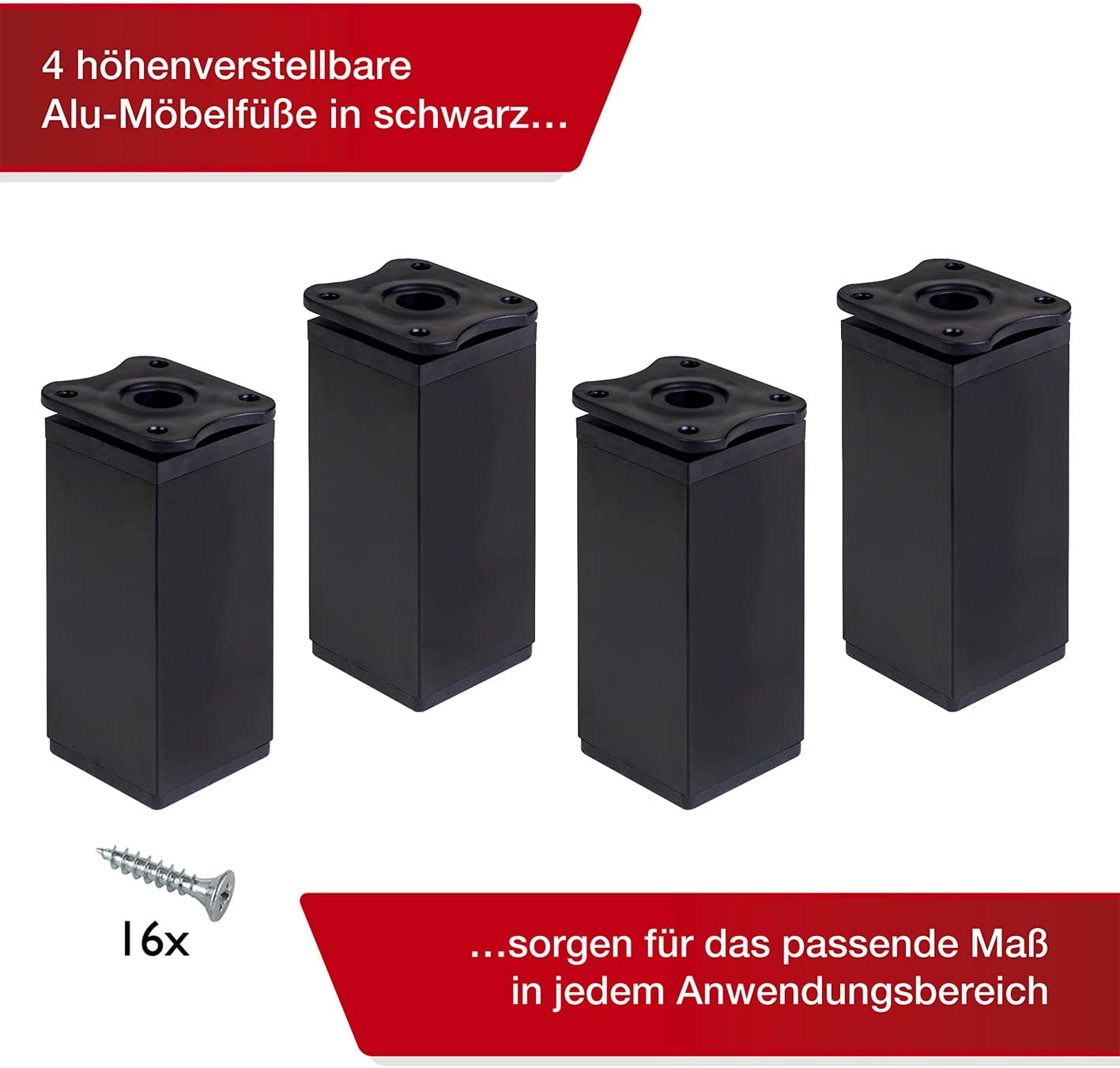 LouMaxx Möbelfüße verstellbar eckig– 4er Set 40x40x100mm in Schwarz inkl. Befestigungsplatte – Füße für Möbel aus Aluminium
