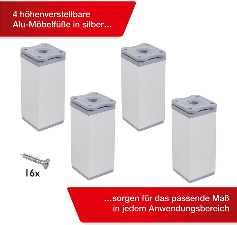 LouMaxx Möbelfüße verstellbar eckig– 4er Set – 40x40x100mm - in Alu/Silber inkl. Befestigungsplatte – Füße für Möbel aus Aluminium