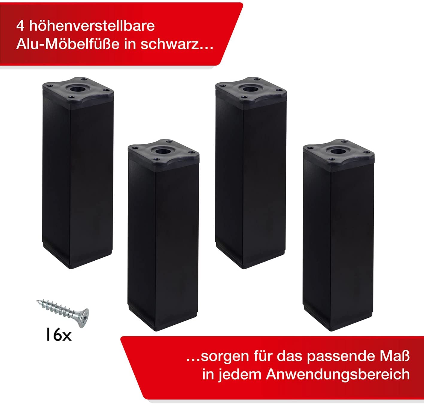 LouMaxx Möbelfüße verstellbar eckig– 4er Set 40x40x150mm in Schwarz inkl. Befestigungsplatte – Füße für Möbel aus Aluminium