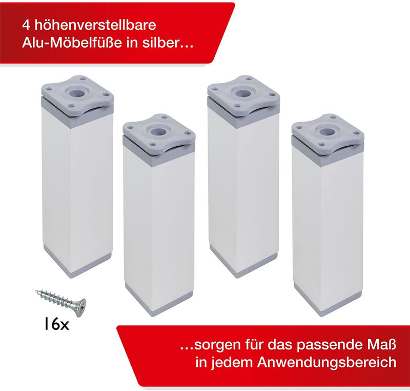 LouMaxx Möbelfüße verstellbar eckig– 4er Set 40 x 40 x 150 mm in Alu/Silber inkl. Befestigungsplatte – Füße für Möbel aus Aluminium