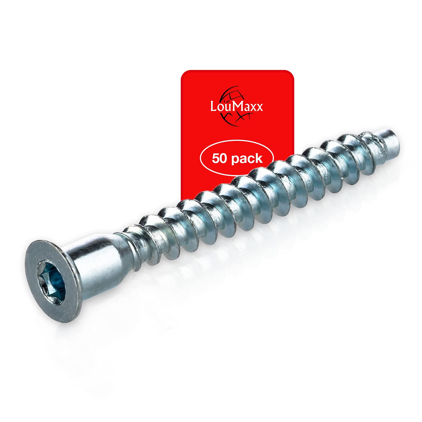 LouMaxx Verbindungsschraube 5 x 50 mm | 50er Set Schrankverbinder Schrauben aus verzinktem Stahl | Confirmat Innensechskant | Möbelschraube mit Senkkopf für eine stabile Verbindung aller Holzbretter