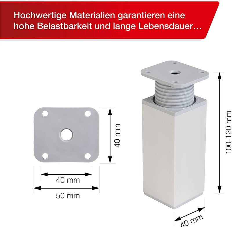 LouMaxx Möbelfüße verstellbar eckig– 4er Set – 40x40x100mm - in Alu/Silber inkl. Befestigungsplatte – Füße für Möbel aus Aluminium