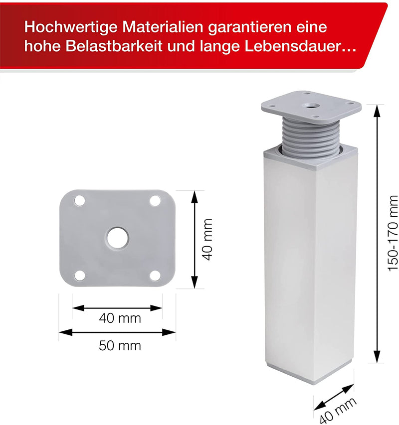 LouMaxx Möbelfüße verstellbar eckig– 4er Set 40 x 40 x 150 mm in Alu/Silber inkl. Befestigungsplatte – Füße für Möbel aus Aluminium
