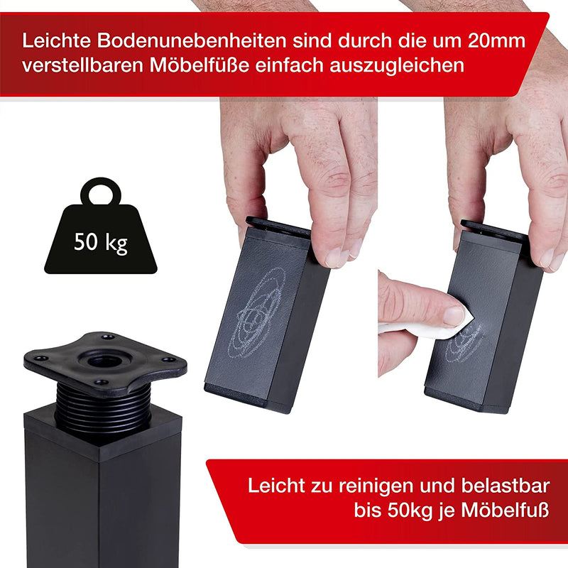 LouMaxx Möbelfüße verstellbar eckig– 4er Set 40x40x150mm in Schwarz inkl. Befestigungsplatte – Füße für Möbel aus Aluminium