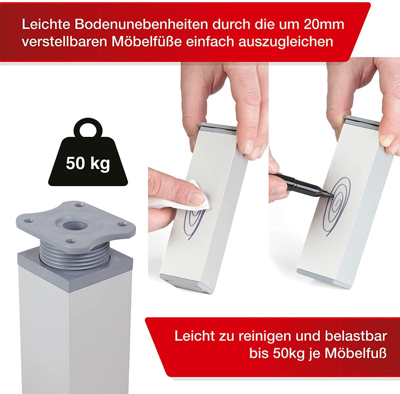 LouMaxx Möbelfüße verstellbar eckig– 4er Set – 40x40x100mm - in Alu/Silber inkl. Befestigungsplatte – Füße für Möbel aus Aluminium