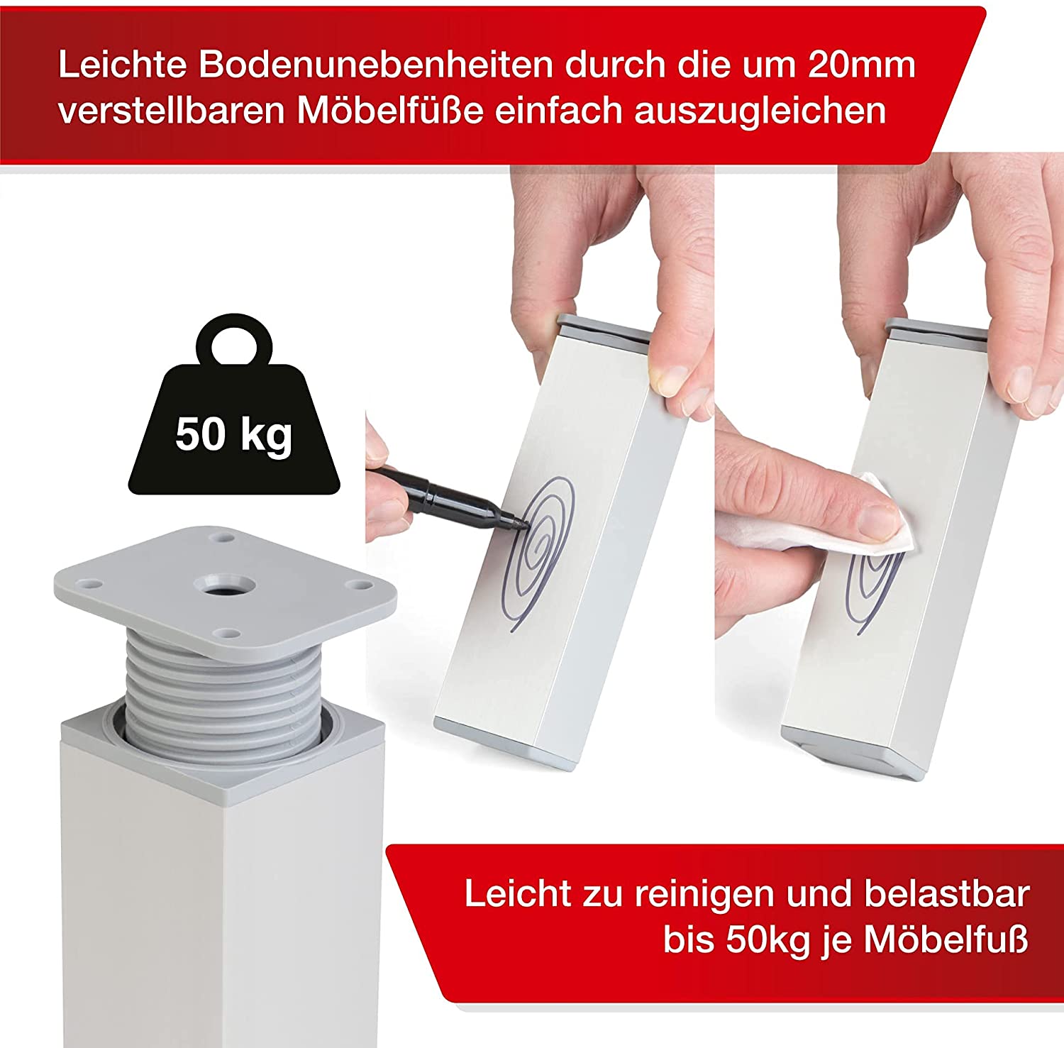 LouMaxx Möbelfüße verstellbar eckig– 4er Set 40 x 40 x 150 mm in Alu/Silber inkl. Befestigungsplatte – Füße für Möbel aus Aluminium