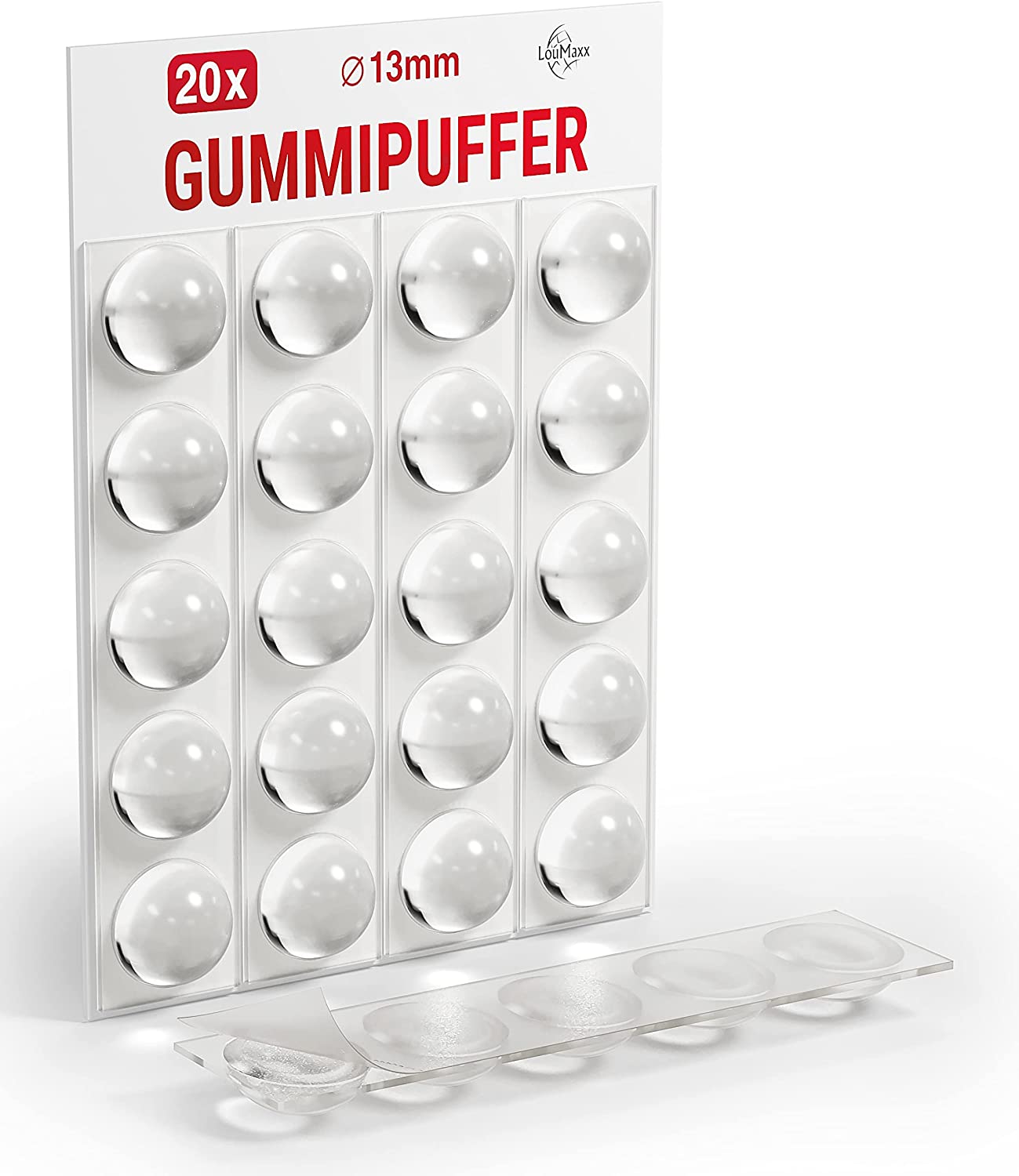 LouMaxx Gummipuffer - 20x Puffer transparent 13mm Ø - Gumminoppen für Glasplatten – Elastikpuffer transparent selbstklebend