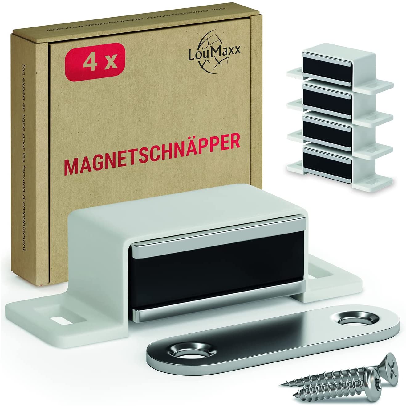LouMaxx Magnetschnäpper stark - Haltekraft 4kg - 4er Set in weiß – Türmagnet - Magnetverschluss - Tür Magnet - Magnetverschluss Schrank